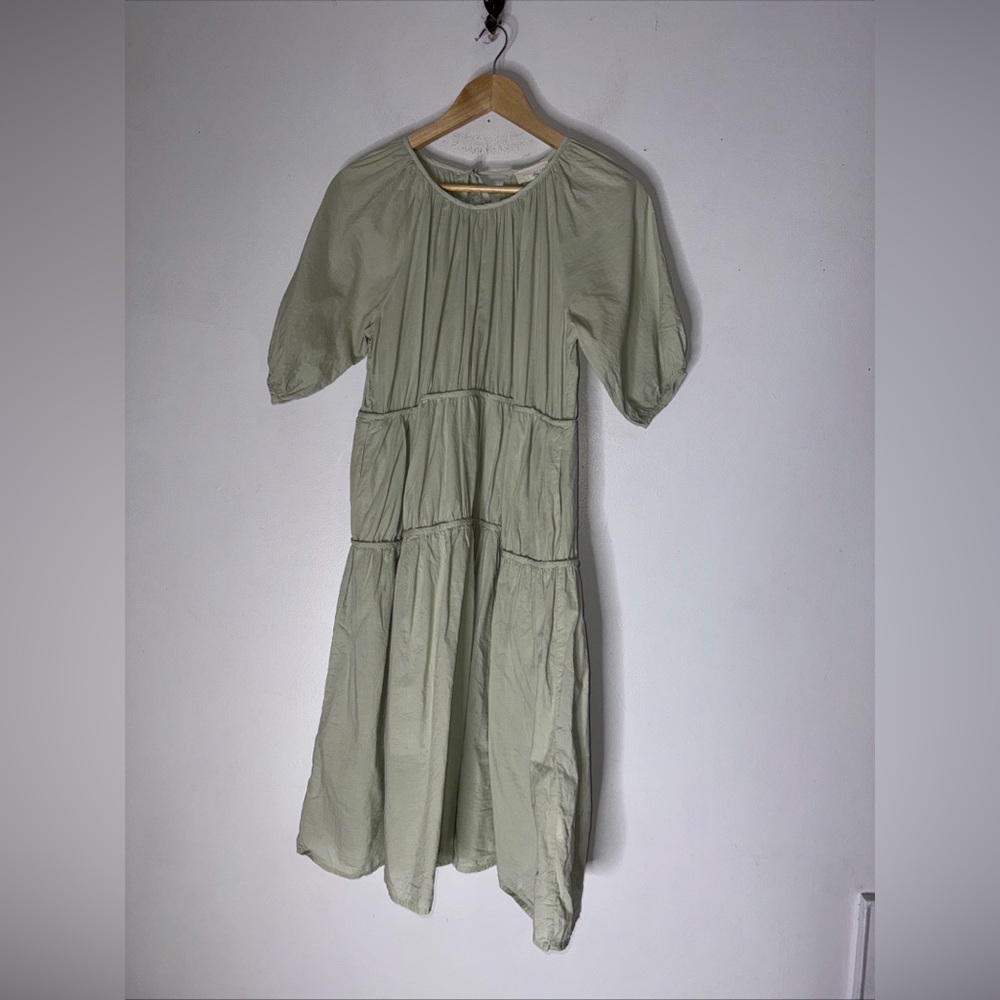 mello day Elbow Length Sleeve Poplin Midi Babydoll Dress Muted Green Medium